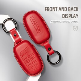 Genuine Leather Smart Key Fob Case Cover Protector Compatible with for Jeep for Grand Cherokee Renegade Chrysler 200 300 Dodge RAM Durango Charger Challenger Hornet Journey Dart Fiat (5-Button, Red)