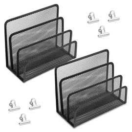 Mulaibdin Desk Mail Organizer, 2 Pack Metal Mesh Small File Holders with 6 Metal Clips Letter Organizer Countertop with 3-Slot, Office Mail Sorter Organizer for Bill Paper Folder Document (Black)