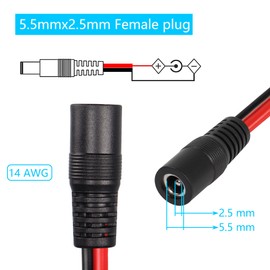 CERRXIAN DC5525 Power Pigtails Cable, 1 FT 14AWG 5.5 mm x 2.5 mm DC Female Bare Wire Open End Power Wire, DC Supply Repair Cable for CCTV Security Camera LED Strip Light Etc 2 Pieces (1FT 5525 Female)