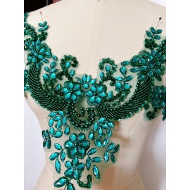 Succi Shan Lace Flower Beads Pearl Patches,Sew on Rhinestones Appliques for Dress Clothing Neckline (Deep Green)