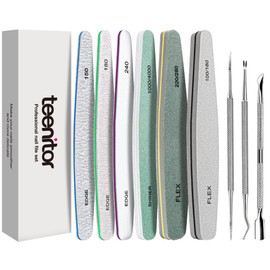 Teenitor Emery Boards Nail Files with Toenail Lifters & File Set,6pcs Professional Nail Buffer Block with Cuticle Pusher, Toenail Lifter & Nail Cuticle Fork, 100/180/240 Grit Nail Shiner for Polishing