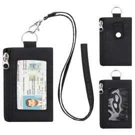 ZHOMA Minimalist RFID Wallet with Lanyard, Multi-Functional ID Case with 2 Zipper Pockets and Key Chain for Men and Women, Tactical Badge Pouch Cards Holder, Coin Purse for Travel Sports-Black