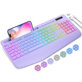 SABLUTE Wireless Keyboard with 9 Backlit Effects, Wrist Rest, Phone Holder, 2.4G Lag-Free Ergonomic Keyboards, Rechargeable Silent Cordless, for Computer, Laptop, Mac, Windows, Office, School -Purple