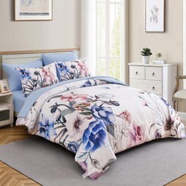 Luxudecor Floral Comforter Set Twin Size 5 Piece, Blue Flower Bed in a Bag, Elegant Floral Comforter with Sheet Set, Soft Microfiber Bedding Set for All Season (Blue, 68"x86")