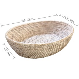 amololo14" Oval White Rattan Fruit Serving Basket,Table Décor Wicker Bread Serving Basket Tray with High Wall,Large Rattan Dining Table Centerpiece Bowl for Various Things,Bread,Snack,Odds and Ends