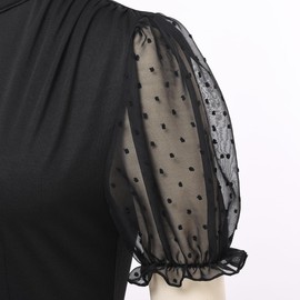 Womens Church Clergy Shirt Tab Collar Tulle Mesh Lantern Short Sleeves Slim Blouse Top Black