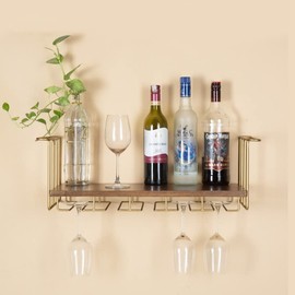 Brick Brown Premium Handcrafted Barvana Bar Shelf in Solid Wood | Hanging Bar Shelf | Wine Rack with Glass Holder | Wall Mounted Mini Bar Rack (25.1x10.1x8.0 Inch)