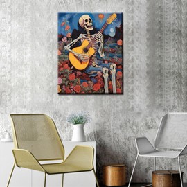 Human Skeleton Paint by Numbers Kits 16x20 inch Canvas Skullmen Playing Guitar DIY Oil Painting for Kids, Adults Beginner Rock Music Artwork with Brushes,Home Modern Decor Flowers Gift(DIY Frame)