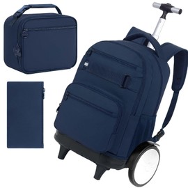 FTJCF 3Pcs Large Wheels Rolling Backpack for Boys Men, 20 Inches Detachable Wheeled Backpack Set, Water Resistant Roller Backpack for Travel Work College School (Blue)