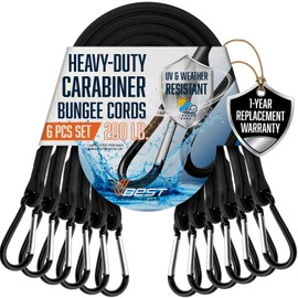 VBEST Black Bungee Cords with Hooks 48 Inch - Heavy Duty Outdoor Bungee Cords with Carabiner Hooks - 6pk Bungie Cord Set - Long Bungy Cords, Bungee Straps with Clips