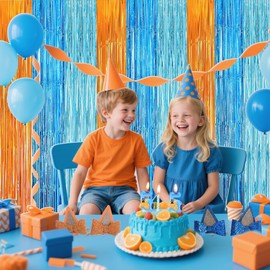 2 Pack Orange and Blue Streamers Party Decorations, 3.3ft x 6.6ft Tinsel Foil Fringe Curtains Backdrop Birthday Decorations for Dog Man Themed Blue and Orange Party Decorations
