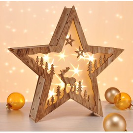 LED Decorative Light Star or Fir in 3D Design Made from Real Wood