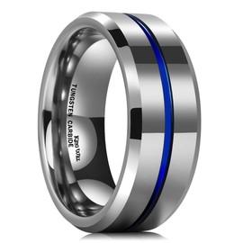 King Will 8mm Silver Tungsten Rings for Men Two Tone Mens Wedding Band Cool Promise Ring Engagement Blue Centre Grooved Thin Lines Matte Finished Beveled Edge Comfort Size 11.5