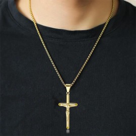 MOOSKI Men's Cross Necklace Jesus Christ Crucifix Gold Silver Plated stainless steel Pendant Necklace Rolo Chain 24" (Gold)