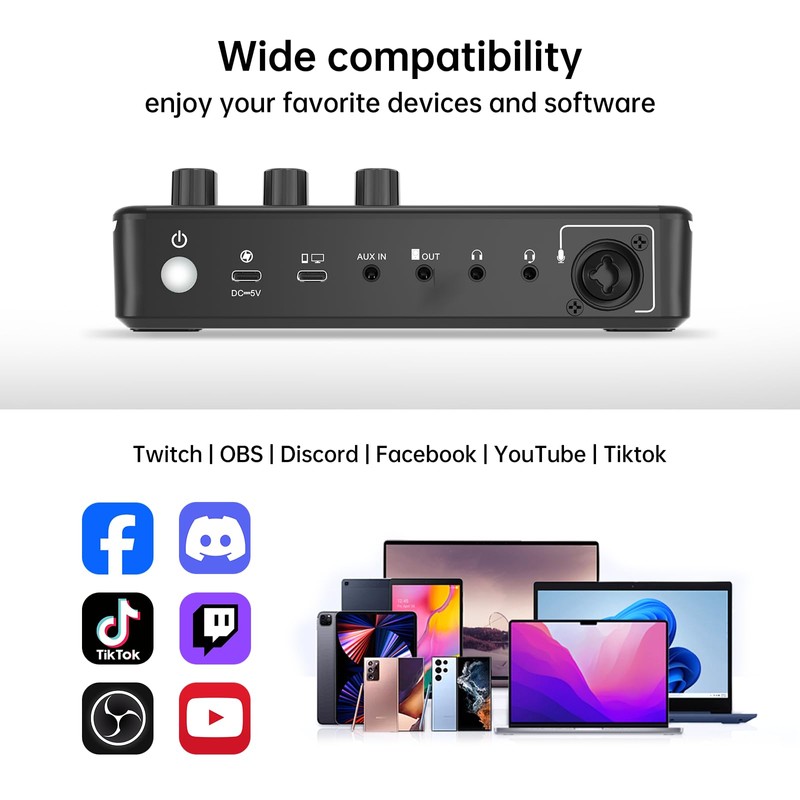 Yinker Gaming Audio Mixer, RGB Audio Interface with 48V Phantom