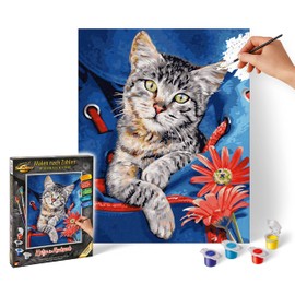Schipper 609240842 Paint by Numbers - Cat in Backpack Painting for Adults, Includes Brush and Acrylic Paints, 24 x 30 cm