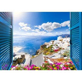 Loccor 10x8ft Fabric Greece Backdrop Aegean sea Traditional Architecture Flowers Window Scenery Photography Background Momma Mia Theme Birthday Party Decorations Wedding Portrait Photo Booth Props