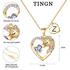 TINGN Unicorn Gift Chain for Girls, 14-Carat Gold-Plated Unicorn Chain, Heart Chain with Letters, Necklace, Jewellery, Birthday Gift for Girls, Gold, Cubic Zirconia