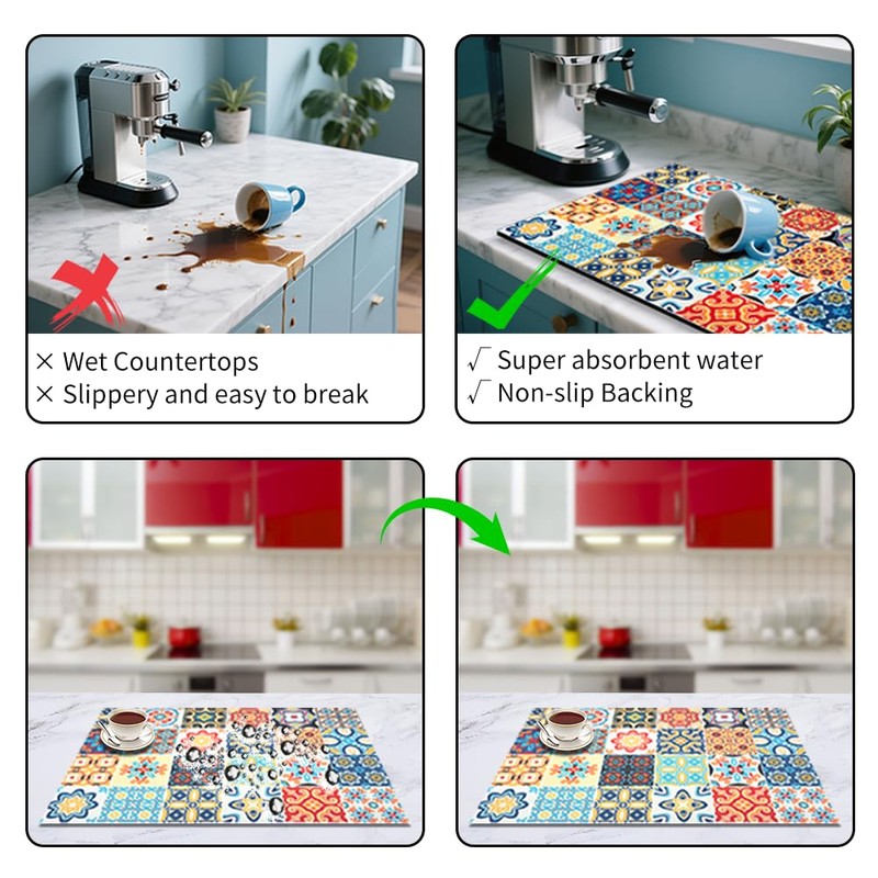 SITAKEGS Dish Drying Mat, 2 Pieces, Absorbent Coffee Mat with