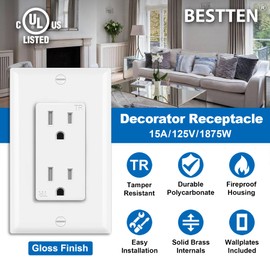 BESTTEN 20 Pack 15 Amp Tamper Resistant Decor Receptacle, Standard Electrical Wall Outlet, Residential and Commercial Use, 15A/125V/1875W, UL Listed, White