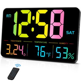 MASHI Digital Clock, 13" Large Display Digital Wall Clock, Adjustable Brightness Calendar Clock with Day and Date,DST,Alarms,Humidity,Temperature for Desk,Wall Mounted (Black Case Color Light)