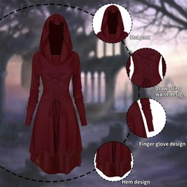 CNVAUIE Mittelalter Kleidung Kostüm Damen Set Mittelalterliches Kapuzenkleid Set Renaissance Kostüm Set mit Armschützern Gürtel Gürteltasche Strümpfe Zubehör (Weinrot, XL)