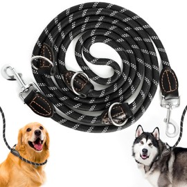 Dog Lead for Large and Medium Dogs, Adjustable Dog Lead 3 m with Reflective Strips, Nylon Double Lead, Thickened Free Leads with 2 Carabiners Thanks to the Extreme Force up to 200 kg (Black)