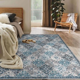 KILOCOCO 8x10 Runner Rug, Moroccan Washable Hallway Entryway Runner Rug, Accent Print Faux Wool Kitchen Runner Rug Non-Slip Runners Boho Rug Runners for Laundry Room Bedroom, Blue/Multi