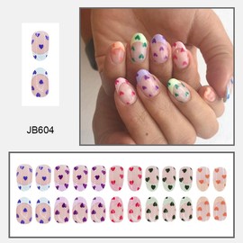 Valentine’s Day Press on Nails Short Almond Fake Nails Colorful French Tips Stiletto Glue on Nails with Colorful Heart Designs Full Cover Acrylic Nails Valentine False Nails for Women DIY Nails 24pcs