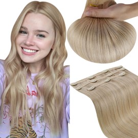 RUNATURE Hair Extensions Clip in Real Hair Dark Blonde Highlights Golden Blonde Clip in Human Hair Extensions Blonde Clip in Extensions Human Hair Blonde 16 Inch 3Pcs 50g