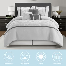 LANCO MODERN LIFESTYLE White Grey Comforter Set, Queen, 7 Piece Bed in a Bag, Microfiber Handcrafted Pintucking, All Season Bedding Set with Comforter, Bedskirt, Pillow Shams and Decro Pillows