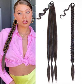 LADY MIRANDA Braided Ponytail Extension with Sparkling Tinsel 34 Inch Dark Brown Straight Wrap Around Pony Tails Hair Extensions with Hair Tie Synthetic braid Ponytail Hair Piece for Women