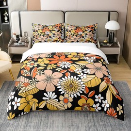 100% Cotton Vintage 60S 70S Groovy Floral Bedding Set Single,Retro Hippie Flowers Duvet Cover Boho Trippy Style Comforter Cover Natural Garden Botanical Quilt Cover Aesthetic Room Decor for Teen Girls