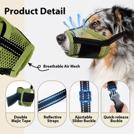 JOYPAWS Dog Muzzle, Air Mesh & Reflective Straps for Extra Small Dogs - Prevent Chewing/Biting, Allows Panting & Drinking - German Shepherd, Collie, Retriever Green S