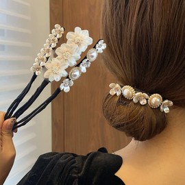 Forahome Bun Hair Maker, Easy Bundle, Set of 3, Cute Hair Ornament, Pearl, For Long Hair, Flower Pattern, Hair Accessories, Women's, Bun Goods, Hair Band, Korean Style, Hairpin, Easy to Use, Hair