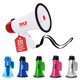 Pyle 20W Megaphone Bullhorn - 5.4'' x 8.6'' Portable Megaphone, Projection Range Up to 800 Sq. Yards, Voice Talking & Siren Alert, Shoulder Strap, Battery Operated, (White)
