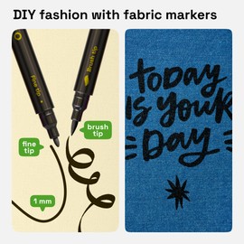 ARTISTRO 2 Black Fabric Markers - Dual-Tip Fabric Markers Permanent for Clothes - No Bleed Fabric Pens for T-Shirts, Bags, Textile, Canvas, and more (Brush Tip and Fine Tip)
