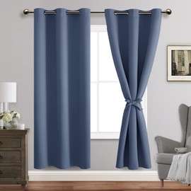 JIUZHEN Blackout Curtains with Tiebacks for Bedroom, Light Blocking and Noise Reducing Grommet Window Curtains for Living Room, Set of 2 Panels, 42 x 72 Inch Length, Dusty Blue