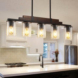 Farmhouse Wood Kitchen Island Lighting, 4-Light Adjustable Chandelier for Dining Room, Seeded Glass Shade Dining Room Light Fixture Over Table, Black Hanging Pendant Lights for Kitchen, Pool Table