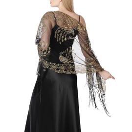 AUZURE Women's 1920s Sequin Peacock Shawls Wraps Bridal Flapper Evening Scarf for Dresses Formal Party Wedding Harlem Night, Black & Gold, 78" x 23"