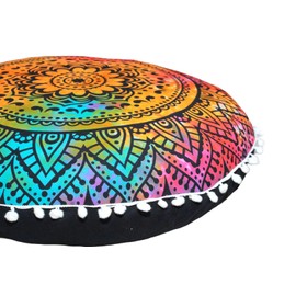 CRAFT KALA Round Mandala Boho Pillow Cover Meditation India Room Seating Poufs Cover for Living Room Yoga Room Home Décor Bedroom Balcony Garden Decoration Cotton Floor Cushion Cover 22", Multi Flower
