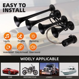 Train Horn drill Kit,12V 150db Super Loud Air Horns 4 Trumpet with compressor suitable for pickup/motorhome/SUV/truck/train (4-Trumpet with button)