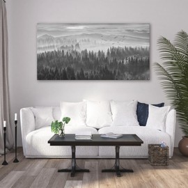 XXMWallArt FC4375 Black and White Wall Art Foggy Forest Wall Art Trees and Birds Photographic Printed on Canvas Artwork for Living Room Bedroom Home Decoration
