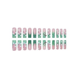 FIEONCIY Press on Nails Coffin Long Length Acrylic Glossy Full Cover Square Shaped French False Nails with Designs Artificial Extra Long Fake Nails with Charms Glue ons Fingernails for Women(C142)