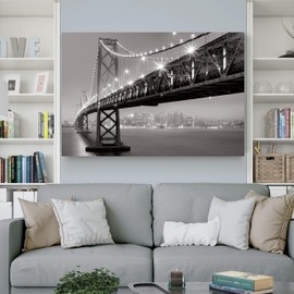 Renditions Gallery Landscape View Photographic Pictures Gallery Prints Décor Canvas Wall Art Decorations for Living Room Bedroom Kitchen Bathroom, 18x27, Bay Bridge At Night