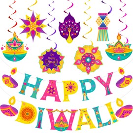 Colarr Happy Diwali Decorations Set Include Happy Diwali Banner and 7 Hanging Swirls Decorations for Home Indian Festival Party Celebration