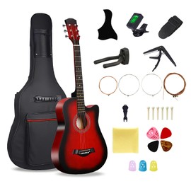 38'' Wood Acoustic Guitar, 6 Steel-String Acoustic Guitar With Guitar Bag and Elementary Tutorial of Folk Guitar for Beginner/Adult(Red)
