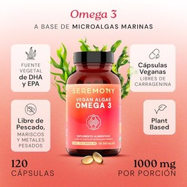 SEREMONY - Omega 3 Vegano a Base de Aceite de Microalgas Marinas - Con DHA 340 mg y EPA 200 mg por Porción - 120 Cápsulas - 60 Porciones - Suplemento Alimenticio