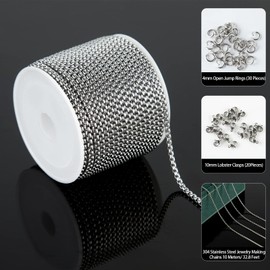 UMAOKANG Cadena de acero inoxidable plateado de 32.8 pies/rollo, cadena de eslabones Rolo de bola cuadrada de 2.5 mm para hacer joyas con 30 anillos abiertos y 20 cierres de langosta
