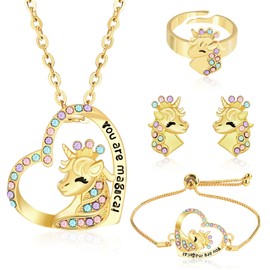 LXONTSG Unicorn Jewellery Set, 4-Piece Unicorn Necklace Bracelet for Girls, Unicorn Ring Earrings, Unicorn Children's Jewellery Set, Unicorn Heart Necklace for Children, Daughter, Gift Ideas, Copper